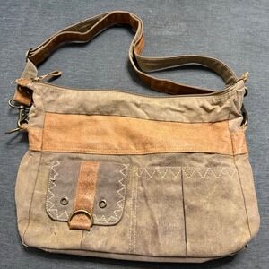 Myra Bag Canvas Leather Crossbody Shoulder Bag Brown Tan Boho Upcycled S-1234